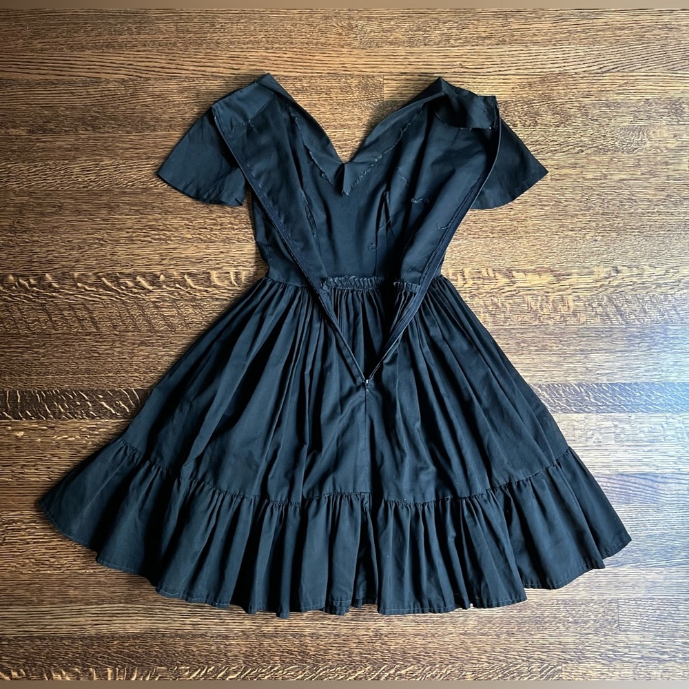 Handmade Cotton Swing Dress, Black Ruffled Fit and Flare Cottagecore Dress - Picture 8 of 10